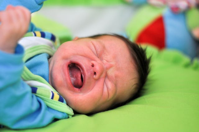 A baby cries. New research challenges the old idea that infant crying follows a pattern that peaks a...