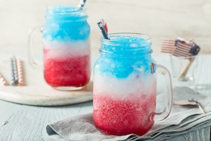 Homemade Patriotic Red White and Blue Slushie Cocktail with Vodka for Memorial Day Weekend.