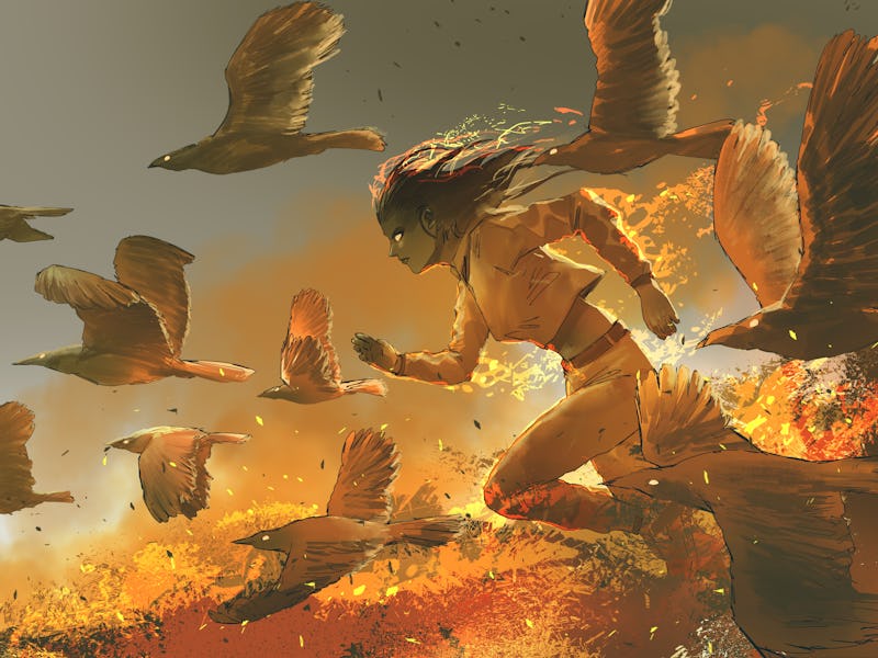 woman running among the fire birds, digital art style, illustration painting