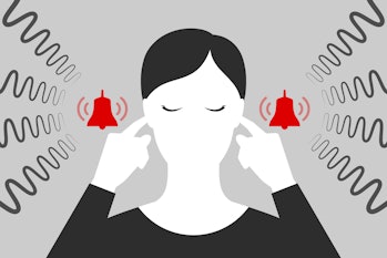 Woman with closed eyes is plugging her ears with fingers when suffering from tinnitus. Red bells as ...