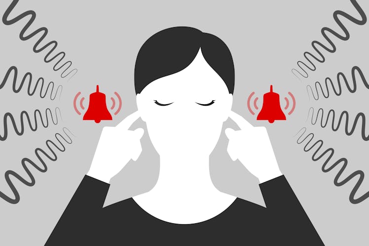 Woman with closed eyes is plugging her ears with fingers when suffering from tinnitus. Red bells as ...