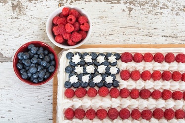 Patriotic, red white and blue, American flag cake is a sweet option for Memorial Day desserts.