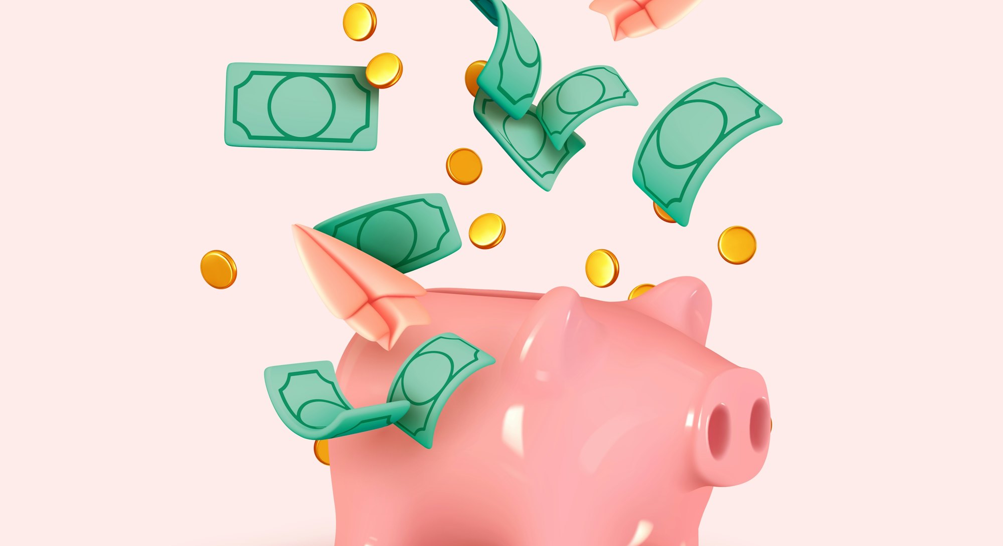 Money Piggy bank creative business concept. Realistic 3d design. Pink pig keeps gold coins. Green pa...