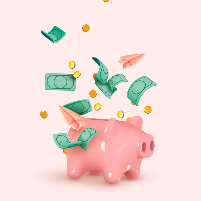 Money Piggy bank creative business concept. Realistic 3d design. Pink pig keeps gold coins. Green pa...
