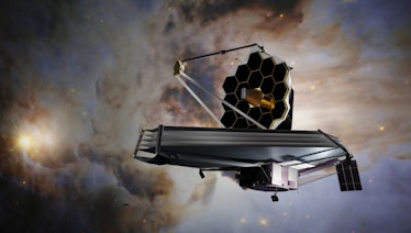 James Webb telescope in outer space on orbit of Earth. Planet surface and satellite. Elemets of this...