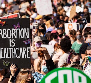 Signs at the Women's March Rally for Abortion Justice in Washington, DC. Protesters demand the US g...