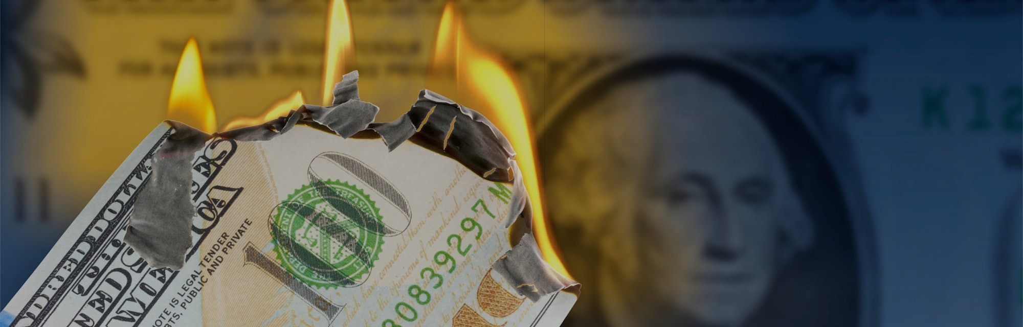 3D illustration, A burning 100 US dollar bill in front of One Dollar banknote 