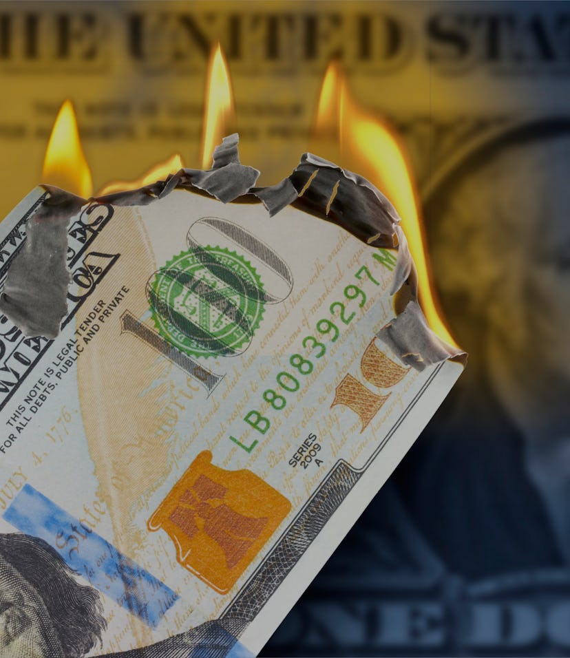 3D illustration, A burning 100 US dollar bill in front of One Dollar banknote