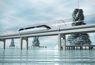 The train moving on the overpass and the city on the water. Concept of modern transport. Futuristic ...