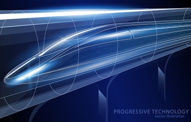 Futuristic high-speed train in a glass tunnel, on a dark blue background, vector concept illustratio...
