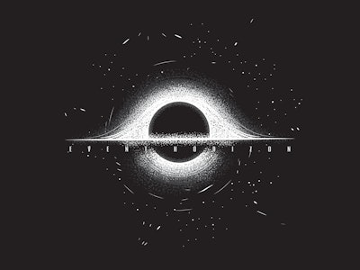 Original monochrome vector illustration.  Black hole, event horizon, stars.