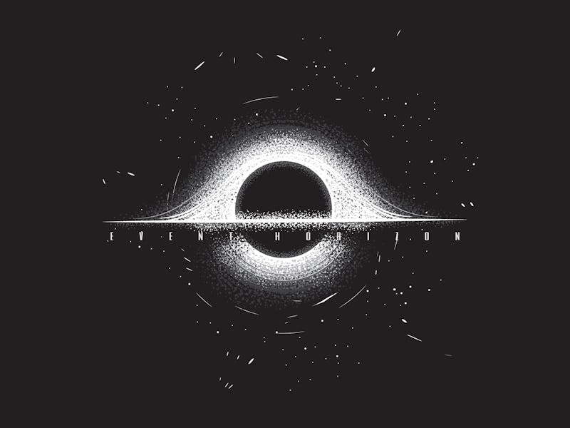 Original monochrome vector illustration. Black hole, event horizon, stars.