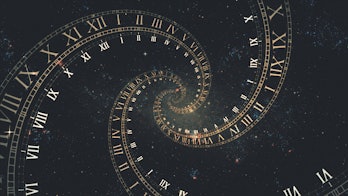 The composition of the space of time, the flight in space in a spiral of Roman clocks 3d illustratio...