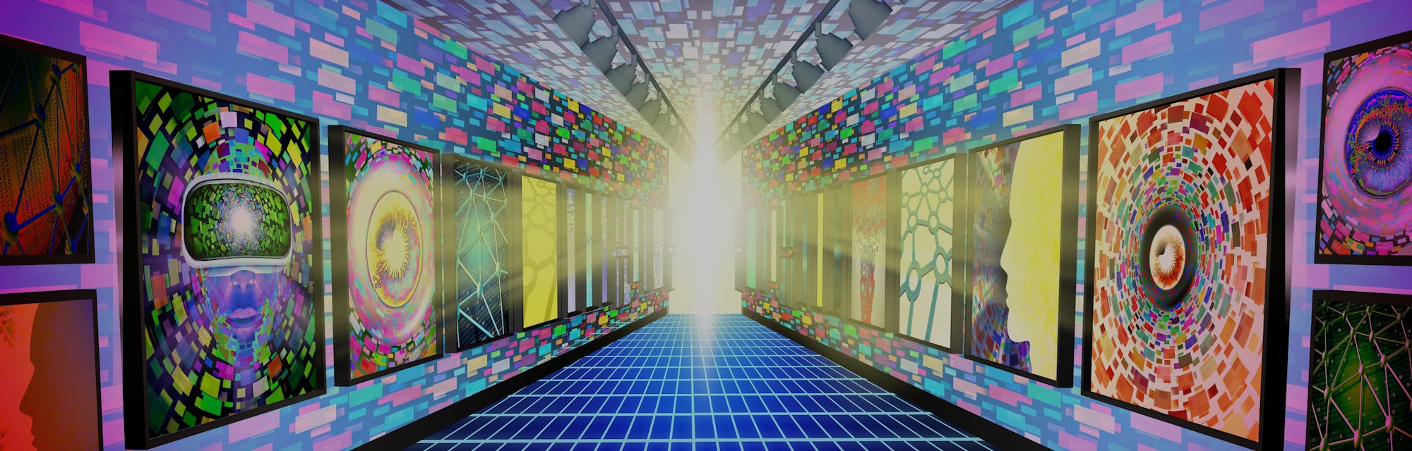 Crypto Virtual Museum and Metaverse internet NFT display as a futuristic streaming media symbol as a...