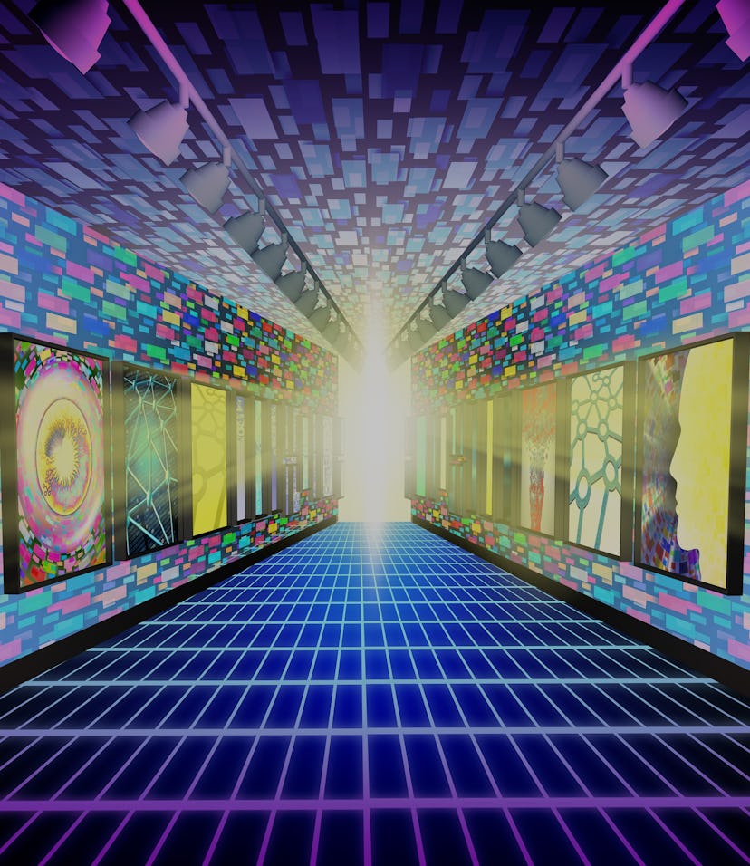 Crypto Virtual Museum and Metaverse internet NFT display as a futuristic streaming media symbol as a...