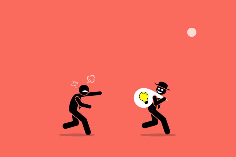 Evil businessman stealing business idea. Vector artwork illustration depicts the concept of business...