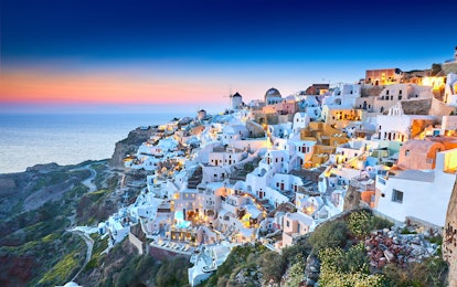 Baecation ideas include Fira town on Santorini island, Greece. Incredibly romantic sunset on Santori...