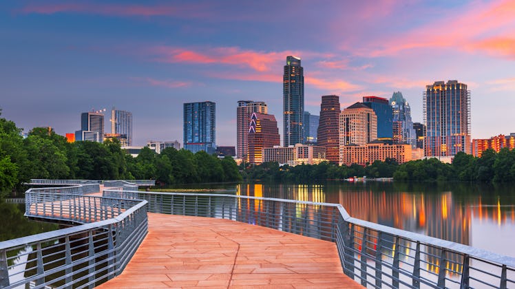 Austin, Texas, USA downtown skyline over the Colorado River at dawn, one of the best baecation ideas...