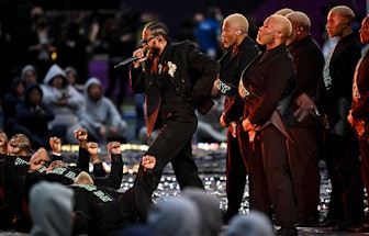 Kendrick Lamar performs during halftime in Super Bowl LVI at SoFi Stadiumin Inglewood, CA.