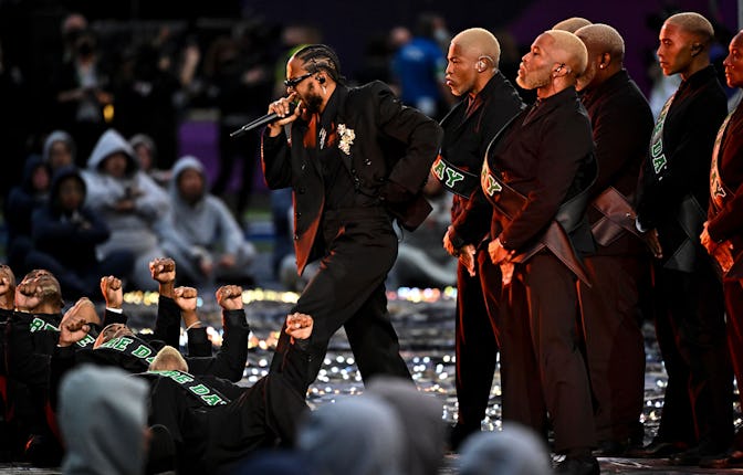 Kendrick Lamar performs during halftime in Super Bowl LVI at SoFi Stadiumin Inglewood, CA.