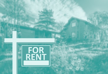 For rent sign next to a large house. For rent sign as a symbol of private property renting. for rent...
