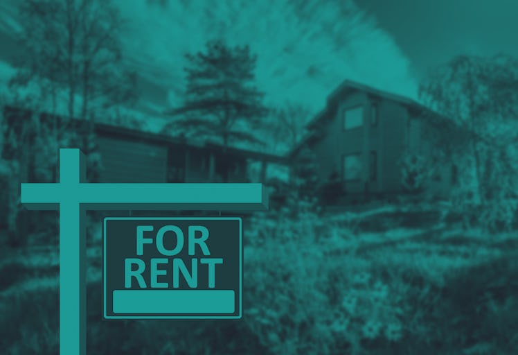 'For rent' sign next to a large house.