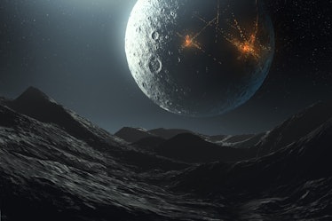 science fiction futuristic space landscape, alien planet and cities on moon, 3d illustration
