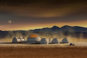 Futuristic base station in a space desert landscape, 3d illustration. Martian or extraterrestrial hu...