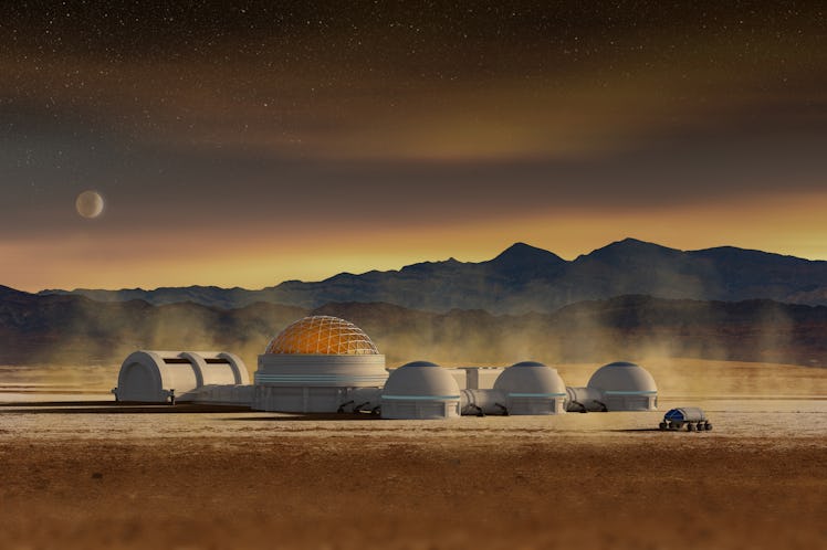 A futuristic base station in a space desert landscape as a Martian or extraterrestrial human colony ...