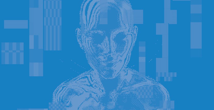 Artificial intelligence and Psychological profiling concept. Human head with glitched pixels, distor...