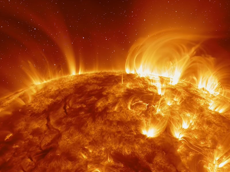 Our star with magnetic storms. Plasma flash on the surface of a our star with lot of stars "Elements...