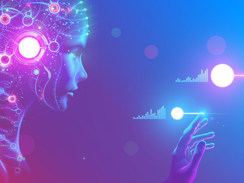 AI in image cybernetic anthropomorphic woman working with matrix data on virtual interface. head or ...