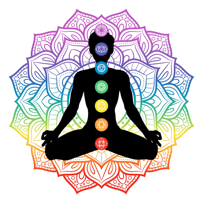 Seven chakras on meditating yogi man silhouette