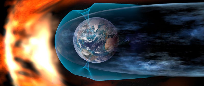 Protect the Earth from solar wind, solar wind colliding with earth's magnetic field. Elements of thi...