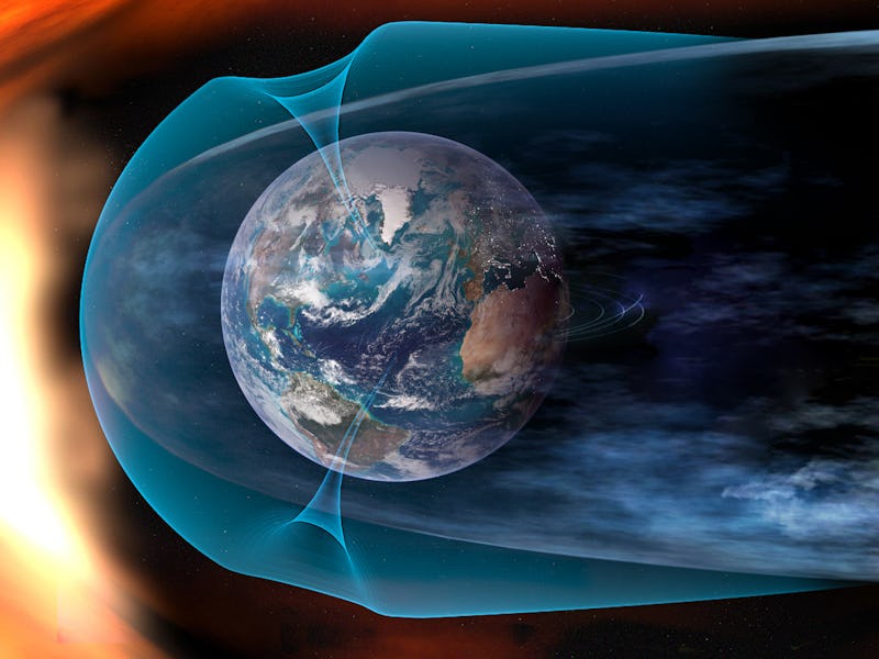 Protect the Earth from solar wind, solar wind colliding with earth's magnetic field. Elements of thi...