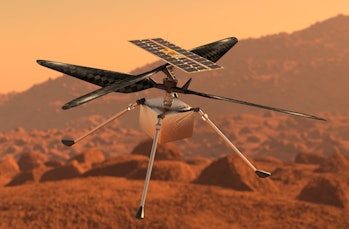 Helikoptercreativiteit verkent Mars.  Een drone op Mars onderzoekt rotsen.  3D illustratie