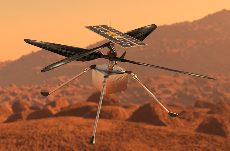Helicopter Ingenuity explore Mars.  Drone on the ground of Mars examining rocks. 3D illustration