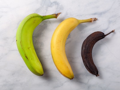 Process of ripening for banana showing a fresh green to yellow banana on left, an optimal ripened ye...
