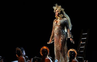 Beyonce performing at the 59th annual Grammy Awards in Los Angeles. Beyonce, who is pregnant with tw...