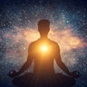 Man and soul. Yoga lotus pose meditation on nebula galaxy background. Zen, spiritual well-being. 3D ...
