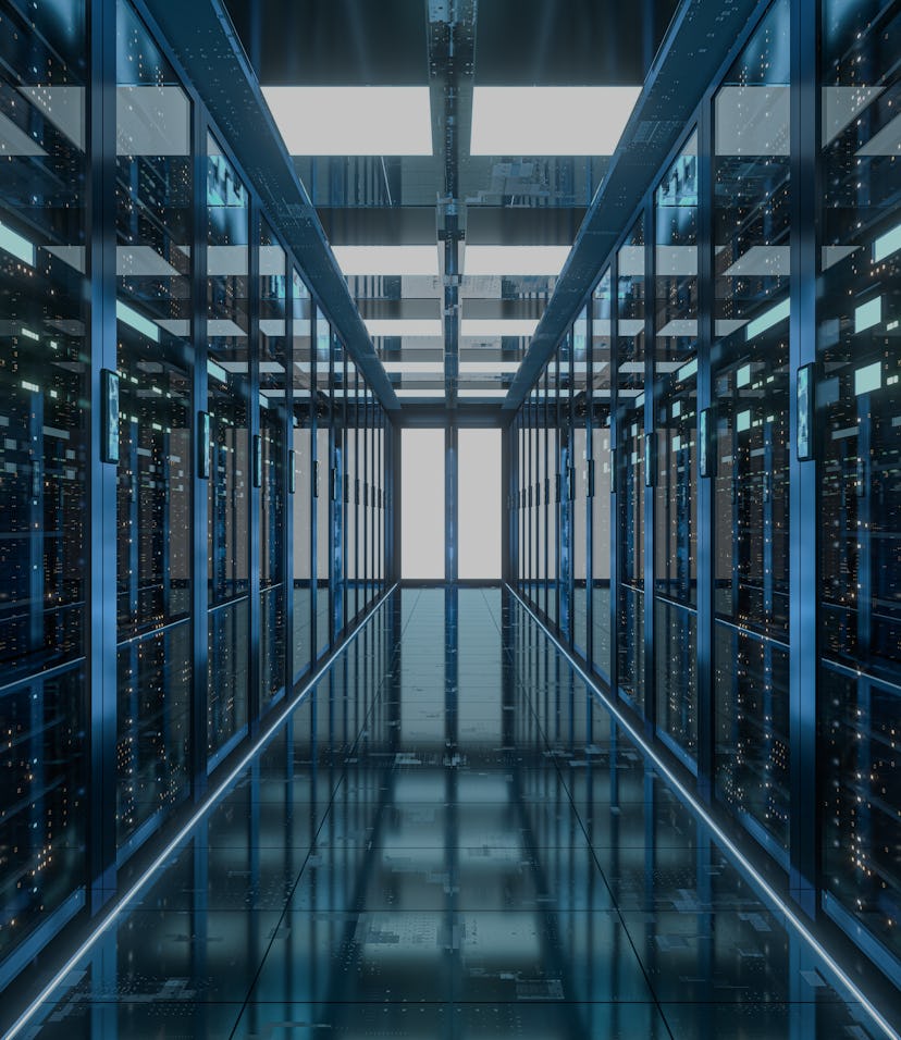 Server racks in computer network security server room data center, 3d rendering.