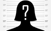 Silhouette of  anonymous woman with question mark in mugshot or police lineup background