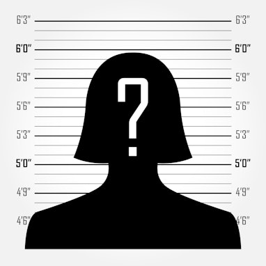 Silhouette of  anonymous woman with question mark in mugshot or police lineup background
