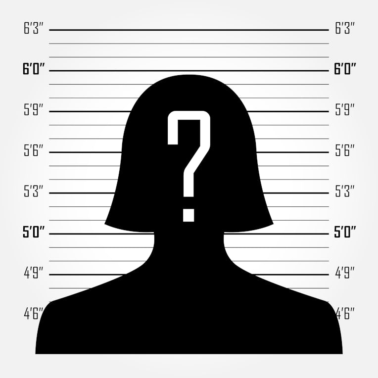 Silhouette of anonymous woman with question mark in mugshot or police lineup background