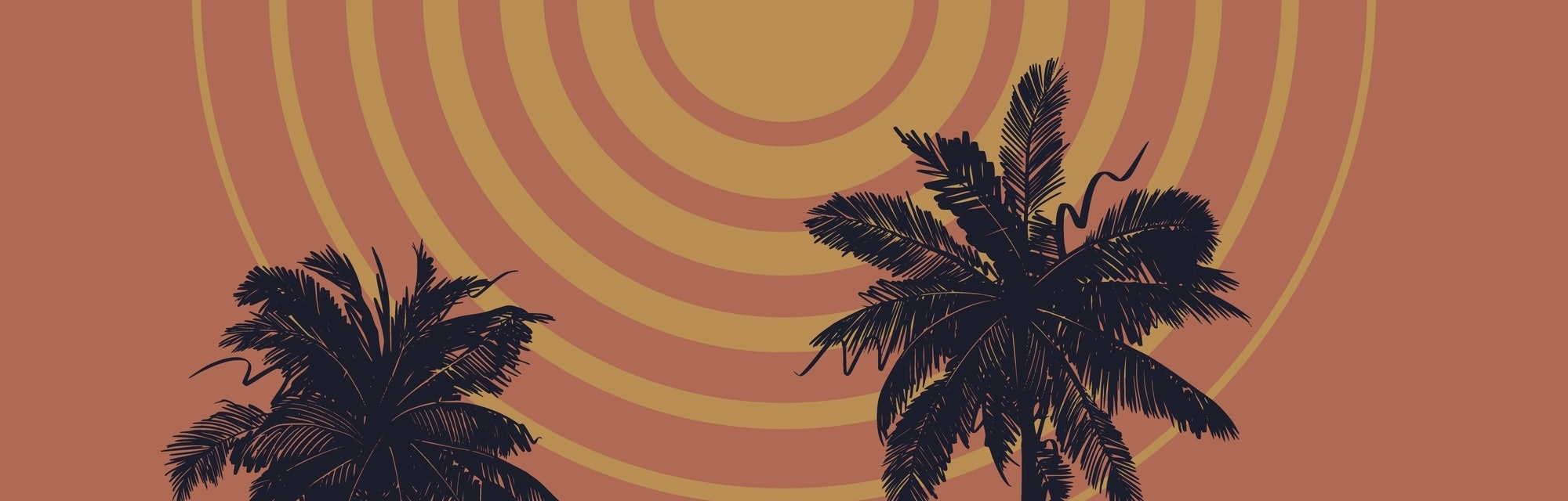 Vintage tropical poster in boho warm colors. Geometric abstract sun and sketchy palm trees silhouett...