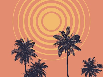 Vintage tropical poster in boho warm colors. Geometric abstract sun and sketchy palm trees silhouett...