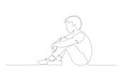 Sad young boy teenager sitting alone. Continuous one line drawing. Vector illustration