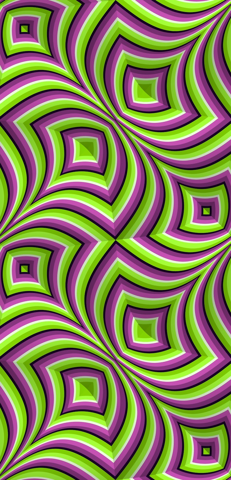 Optical illusion seamless pattern. Moving repeatable texture of green purple striped fancy shapes.