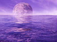 huge alien moon rising over the purple ocean of a distant planet (3d render)