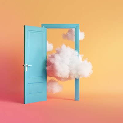 3d render, white clouds and cumulus flying out the blue open door inside the empty room. Objects iso...